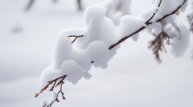 Winterumarmungszweig mit Schnee auf einem natürlichen Hintergrund, heitere Schönheit