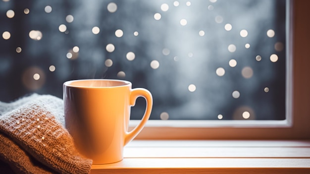 Winterurlaub am Abend ruhig und gemütlich zu Hause, Tasse Tee oder Kaffee und gestrickte Decke am Fenster in der englischen Landhaus-Urlaubsatmosphäre, Inspiration