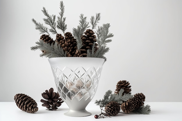 Wintervase mit Zapfen und Zweigen Winter Neujahr Weihnachten frontal leer