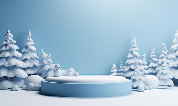 Winterverkaufsbanner Podiumplattform bewaldete Landschaft und Schnee-Hintergrund