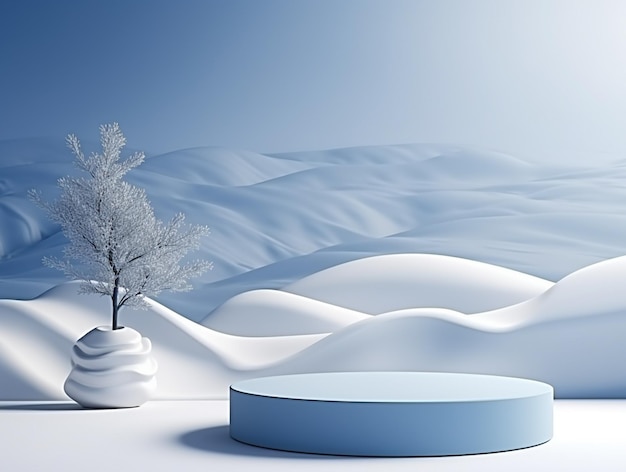 Winterverkaufsbanner Podiumplattform bewaldete Landschaft und Schnee-Hintergrund