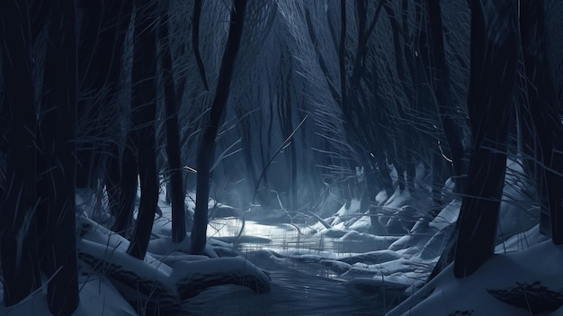 Winterwald in der Dunkelheit digitale Kunstillustration Generative KI