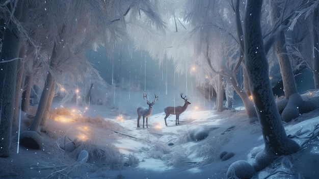 Winterwald mit Hirsch Illustration AI Generative