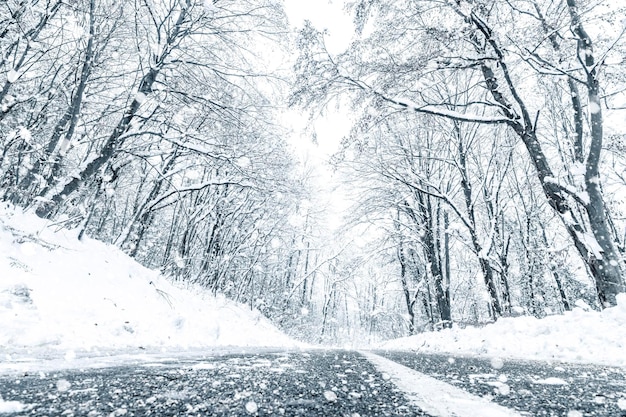 Winterwaldschneestraße. Waldstraße Winterschneeansicht.