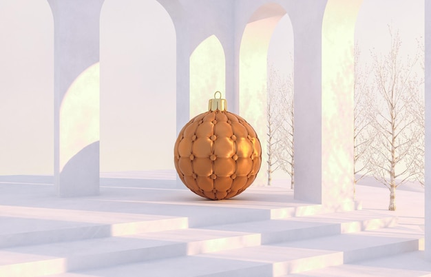 Winterweihnachtsszene mit geometrischen Formen, Bogen mit Podium im Tageslicht.