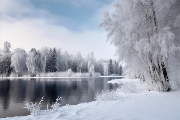 Winterwunderland aus schneebedeckten Bäumen und zugefrorenem See