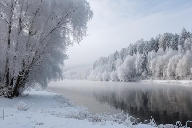 Winterwunderland aus schneebedeckten Bäumen und zugefrorenem See