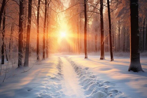 Foto winterwunderland ein ruhiger schneebedeckter weg durch den wald