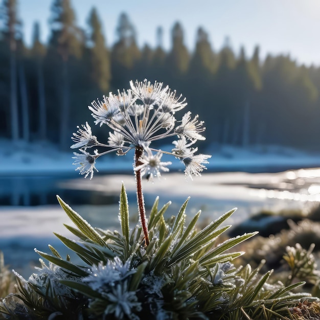 Foto winterwunderland gras und boden, bedeckt mit frostigem frost winterlandschaft im hintergrund