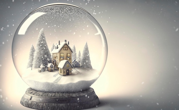 Winterwunderland mit kleiner Stadt und Weihnachtsbaum in einer Schneekugel, schneit, festlich.