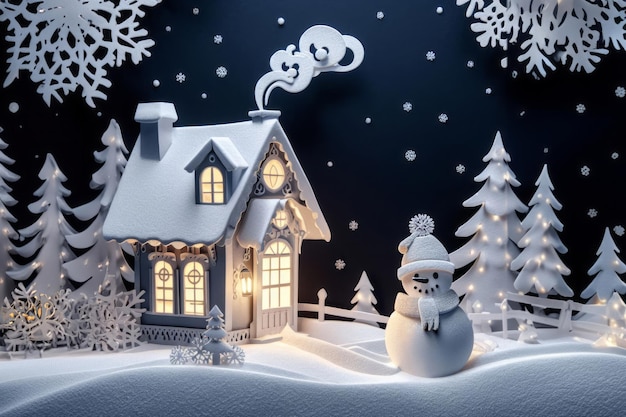 Winterwunderland-Szene mit einem leuchtenden, schneebedeckten Häuschen in der Nacht 30