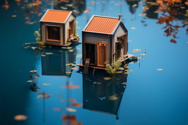 Winzige Hausmodelle stehen neben einem ruhigen Wasserbecken