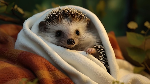 winziger Igel in einer medizinischen Kleidung, als wäre er bereit, Erste Hilfe in einem Waldkrankenhaus zu erhalten