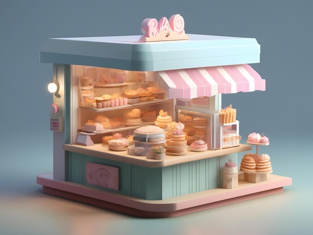 Winziger süßer isometrischer 3D-Render-Bäckereistand