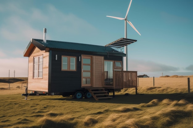 Winziges Haus, angetrieben durch Sonnenkollektoren und Windturbinen, erstellt mit generativer KI