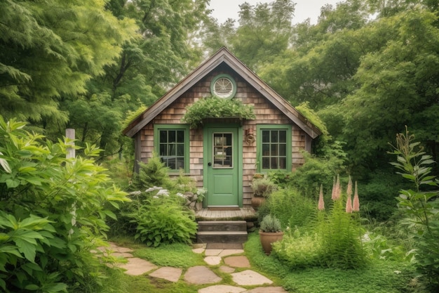 Winziges Haus auf dem Land, umgeben von üppigem Grün, geschaffen mit generativer KI