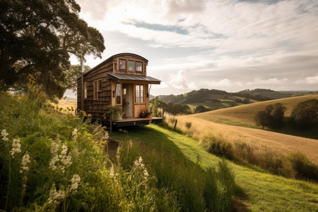 Winziges Haus mit Blick auf sanfte Hügel, umgeben von viel Grün, erstellt mit generativer KI