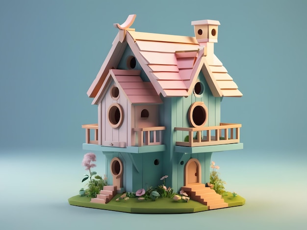 Winziges, niedliches isometrisches 3D-Render-Vogelhaus