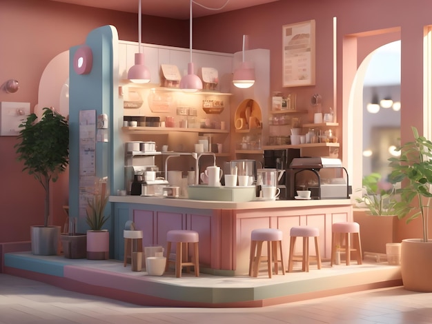 Winziges süßes isometrisches 3D-Render-Coffee-Shop