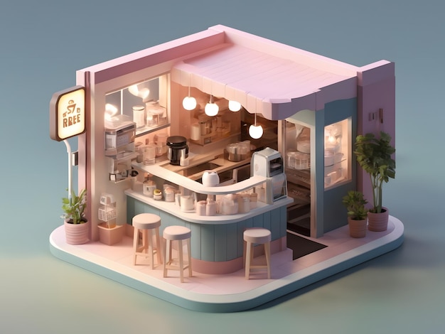 Winziges süßes isometrisches 3D-Render-Coffee-Shop