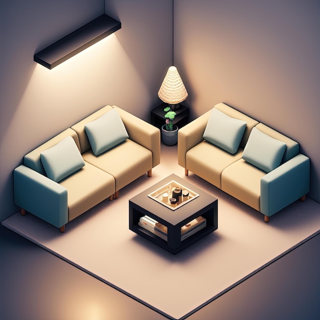Winziges süßes isometrisches Wohnzimmer mit weicher, gleichmäßiger Beleuchtung, 3D-Mixer-Rendering