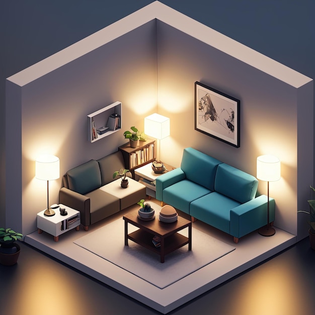 Winziges süßes isometrisches Wohnzimmer mit weicher, gleichmäßiger Beleuchtung, 3D-Mixer-Rendering