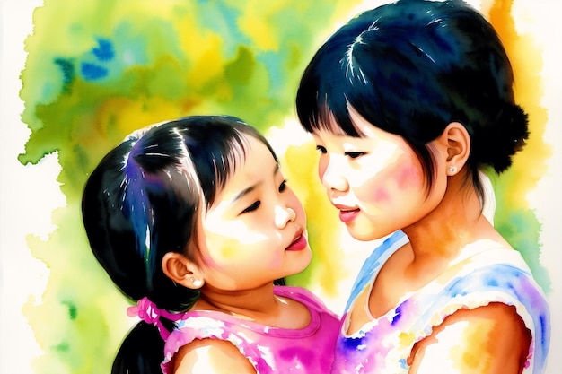 Wir feiern asiatische Familientraditionen. Asiatischer Junge, asiatisches Mädchen, asiatische Mutter und Tochter. Generative KI