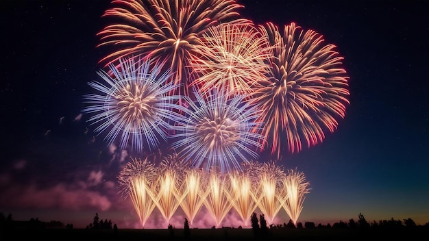 Wir feiern ein wunderschönes, farbenfrohes Feuerwerk über dem Nachthimmel im Weltraum.