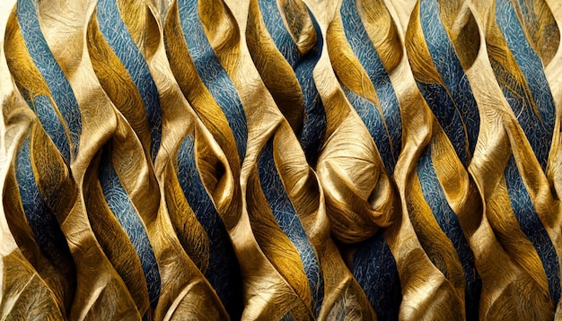 Wirbelnde goldene und blaue glitzernde goldene feste flüssige Wellen ultrarealistische Vibrationen Wellenfunktionen verdrehte Linien und Texturen nahtloses Textil Fulldrop wiederholtes Oberflächenmuster geometrisch