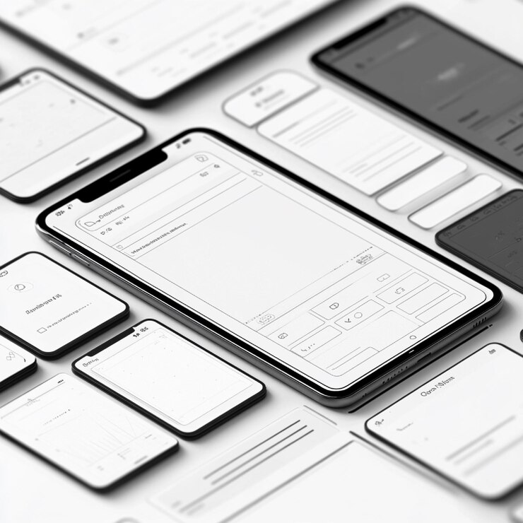 Foto wireframe de baja fidelidad para una aplicación de edición de fotos con barras de herramientas y opciones de edición