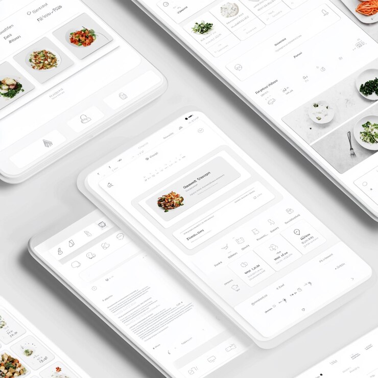 Foto wireframe de baja fidelidad para una aplicación de recetas que muestra navegación y visualización de recetas
