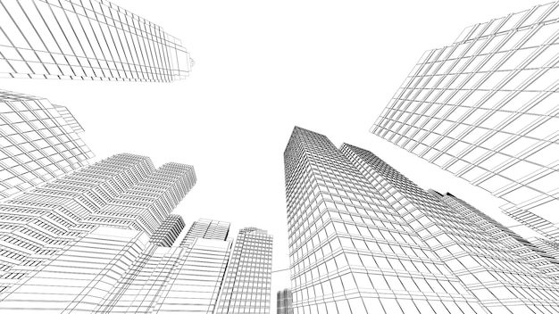 Wireframe CityscapeLowpolygon ciudades y edificiosEn el distrito comercial de la ciudad una estructura alta Hay ríos y carreteras3d rendering