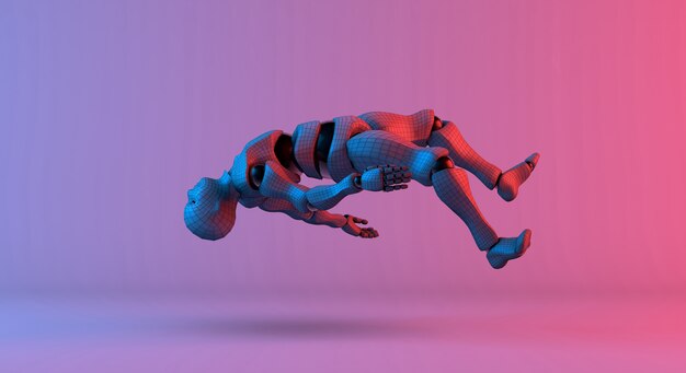Wireframe de robô flutuar no fundo gradiente vermelho violeta