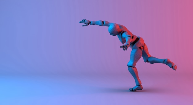 Wireframe robô jogar a ação sobre fundo vermelho gradiente violeta