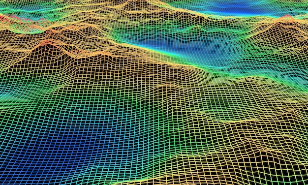 Wireframe topográfico renderizado 3D. Mapa de nível de cor.