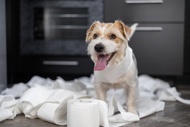 Wirehaired Jack Russell Terrier Welpe spielt in der Küche Hund in weißes Toilettenpapier gewickelt