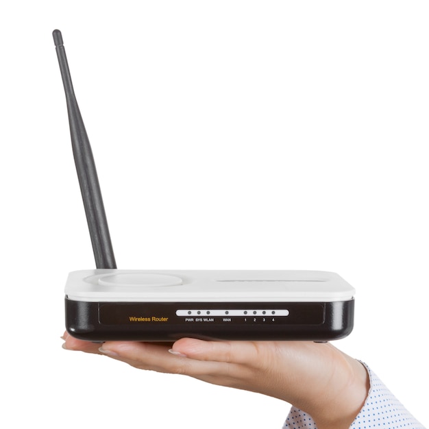 Foto wireless modem router hardware über woman palm auf weißem hintergrund