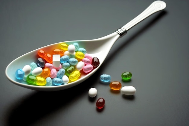 Wirksames Medikament zur Heilung von Husten, trockenem Hals und Mund, süße Süßigkeiten in Form von generativen ai-Löffeln