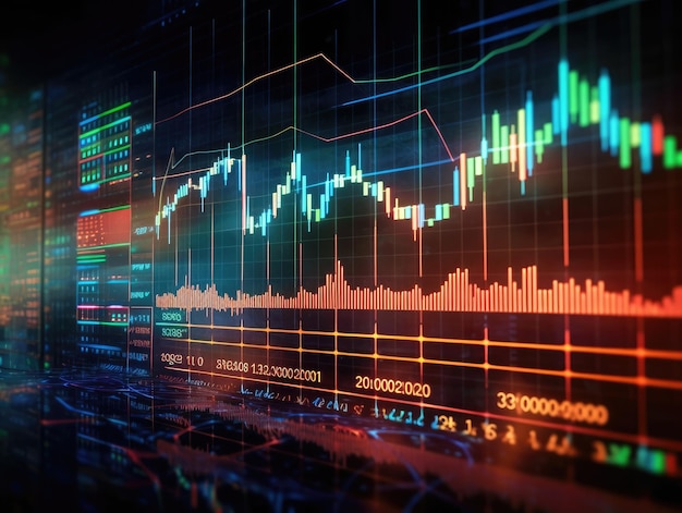Wirtschafts- und Finanzdiagramme mit leuchtenden Linien und Diagrammen auf digitalem Bildschirm Handelsmarkt und wirtschaftliches Konzept Generative KI