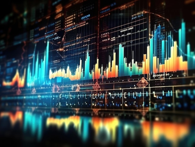 Wirtschafts- und Finanzdiagramme mit leuchtenden Linien und Diagrammen auf digitalem Bildschirm Handelsmarkt und wirtschaftliches Konzept Generative KI