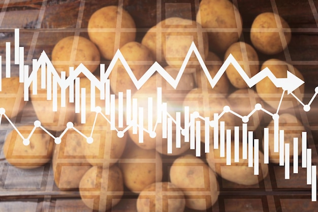 Foto wirtschaftskrise im preis von kartoffeln finanzieller zusammenbruch rückgang des aktienwerts graph fällt wirtschaftskrise rückgang der landwirtschaftlichen produktion