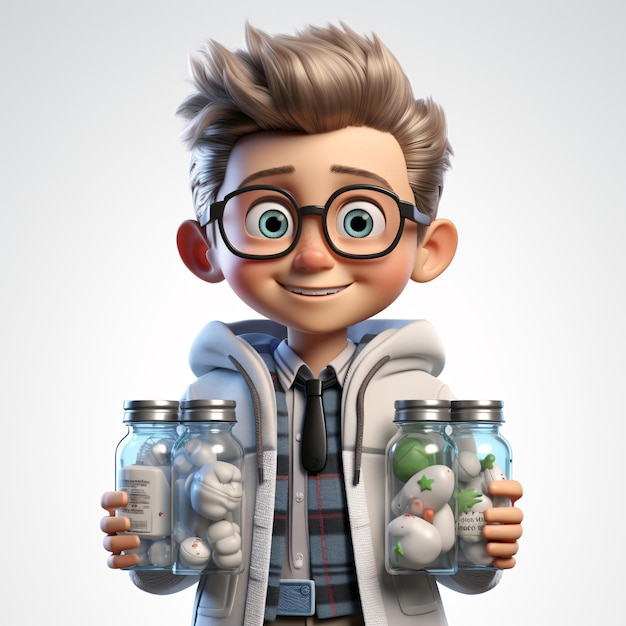 Wissenschaftler 3D-Pixar-Stil-Rendering Junge Charakter-Illustration der Besetzung mit relevanter Umgebung