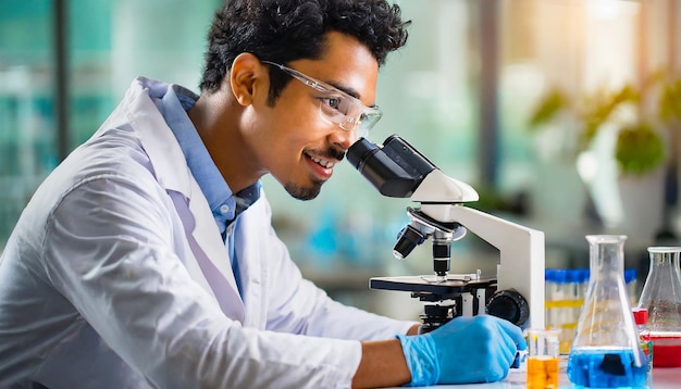 Foto wissenschaftler-forscher mit mikroskop im labor medizinische gesundheitstechnologie