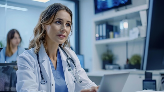 Foto wissenschaftler in einem weißen labormantel arbeitet an einem computer in einem labor weltgesundheitstag