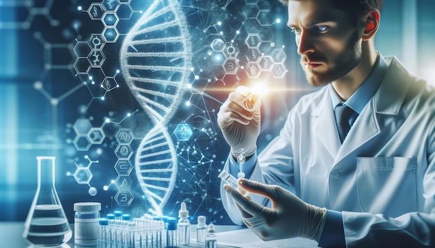 Wissenschaftler in Laborkleidung, der Medizin testet, der die DNA-Struktur, die Molekularstruktur einer neuen Krankheit untersucht X