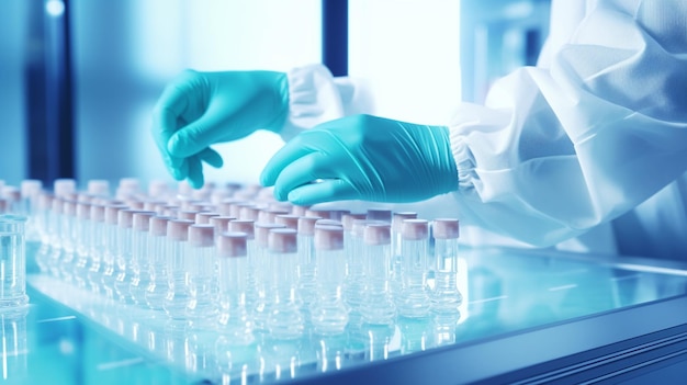 Wissenschaftler mit desinfizierten Handschuhen an der Hand, der Fläschchen in der Produktionsanlage inspiziert, verwischt den Hintergrund