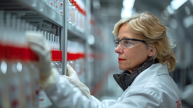 Foto wissenschaftlerin untersucht proben im laborkühlschrank