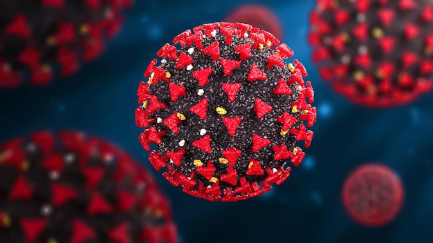 Wissenschaftlich genaues Coronavirus COVID19 unter dem Mikroskop 3D-Darstellung 3D-Rendering