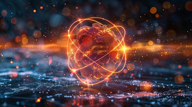 Wissenschaftliches Konzept für Kernenergie Abstrakt niedriger Polyatomkreis, dargestellt in lebendigem gelb-rotroten Licht Atom-Ikon, das Energie-Orbit darstellt Molekül-Symbol auf dunklem Hintergrund