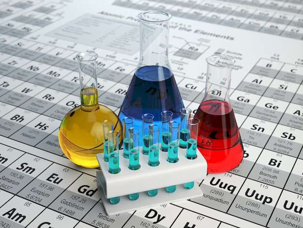 Wissenschaftschemie-Konzept. Laborröhrchen und Flaschen mit farbigen Flüssigkeiten im Periodensystem der Elemente. 3D-Darstellung